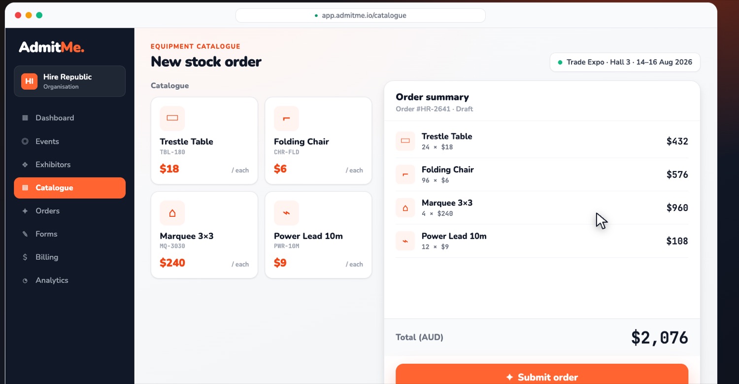 Building a stock order from the equipment catalogue with a live order summary