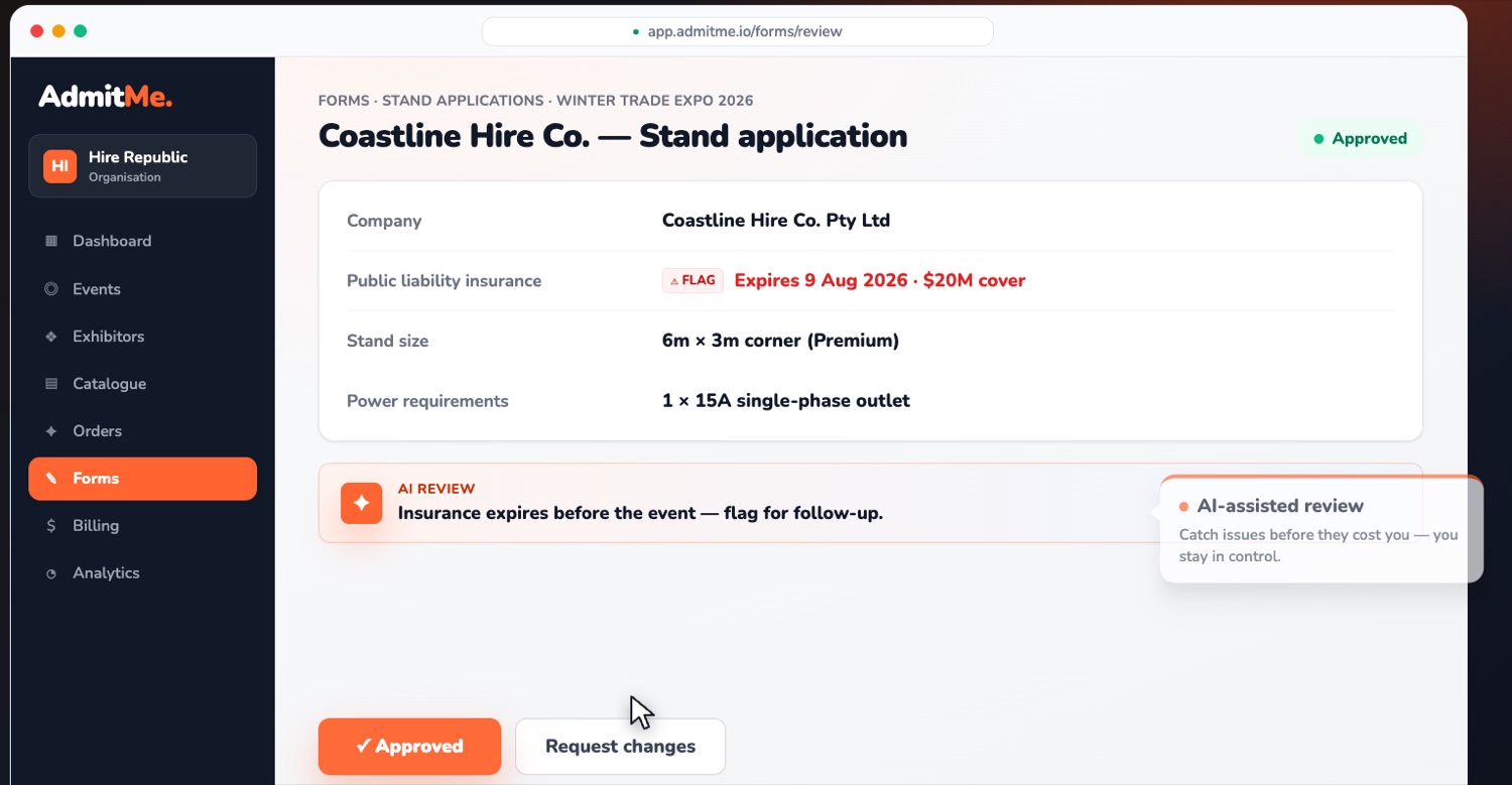 A stand application under review, with an insurance policy flagged as expiring before the event