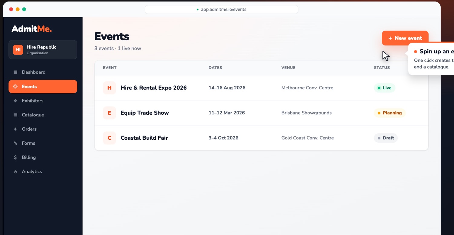 The AdmitMe events console listing three events with dates, venues and live status